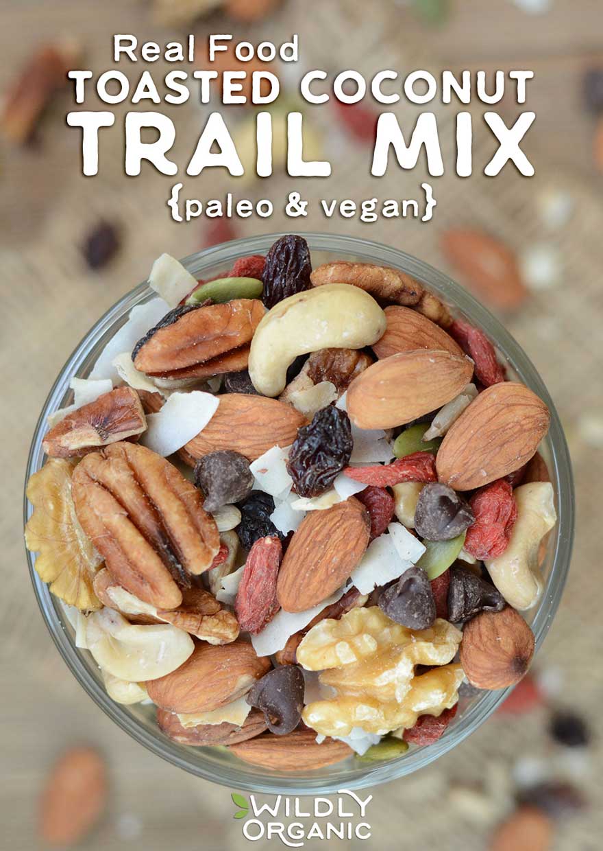 Trail mix is the perfect on-the-go snack for road trips, hiking, camping, pool days, and as an afternoon pick-me-up at home. Most commercial trail mixes contained refined sugar and rancid oil. Not this Real Food Toasted Coconut Trail Mix! It's paleo and vegan with nourishing, soaked nuts and seeds!