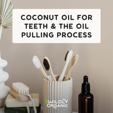 Toothbrushes in a mason jar along with a message about coconut oil for teeth