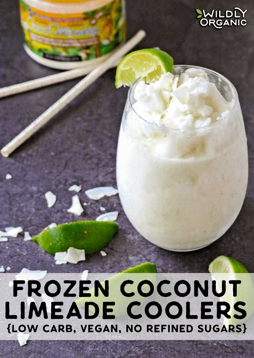 A photo of a frozen coconut limeade cooler topped with a ilme wedge and low carb Coco Monkey Sweetener in the background.