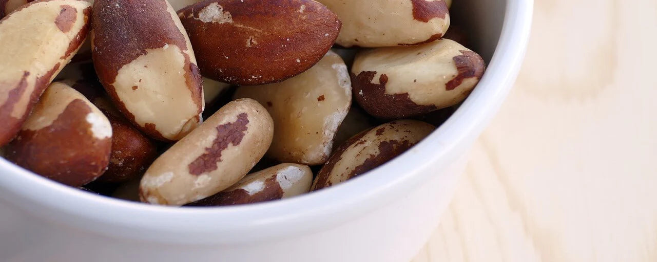 Shelled Brazil nuts in a white bowl