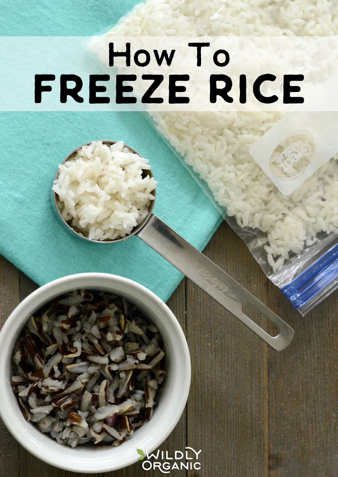 Photo of rice in a quart bag and in measuring cups | How to Freeze Rice | Meal prep doesn't have to be difficult. Knowing how to freeze rice is a great way to make getting dinner on the table quick and easy! #glutenfree #allergyfriendly #mealprep #freezercooking #mealplan #rice