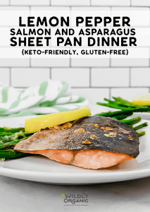 A photo of lemon pepper salmon and asparagus on a plan for an easy sheet pan dinner.