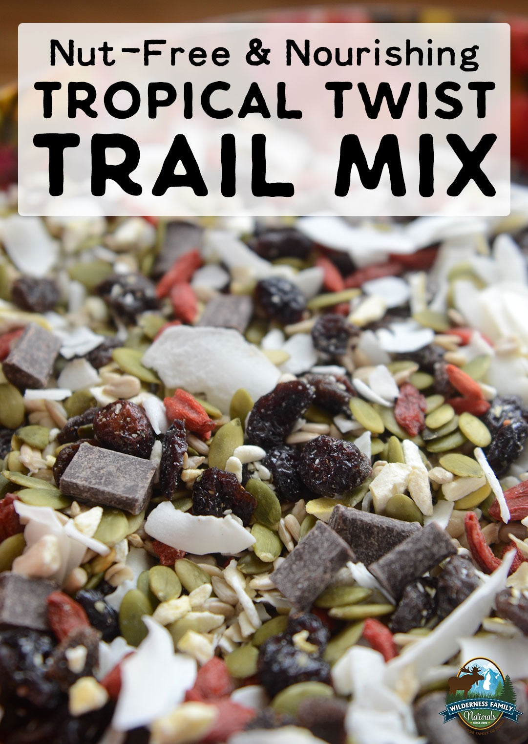 Nut-Free & Nourishing Tropical Twist Trail Mix | When store-bought trail mix is full of allergens like tree nuts and peanuts, make your own nut-free mix! With superfood goodness and no refined sugar, this Tropical Twist Trail Mix is awesome for camping, hiking, RVing, or just fun summer snacking! | WildernessFamilyNaturals.com