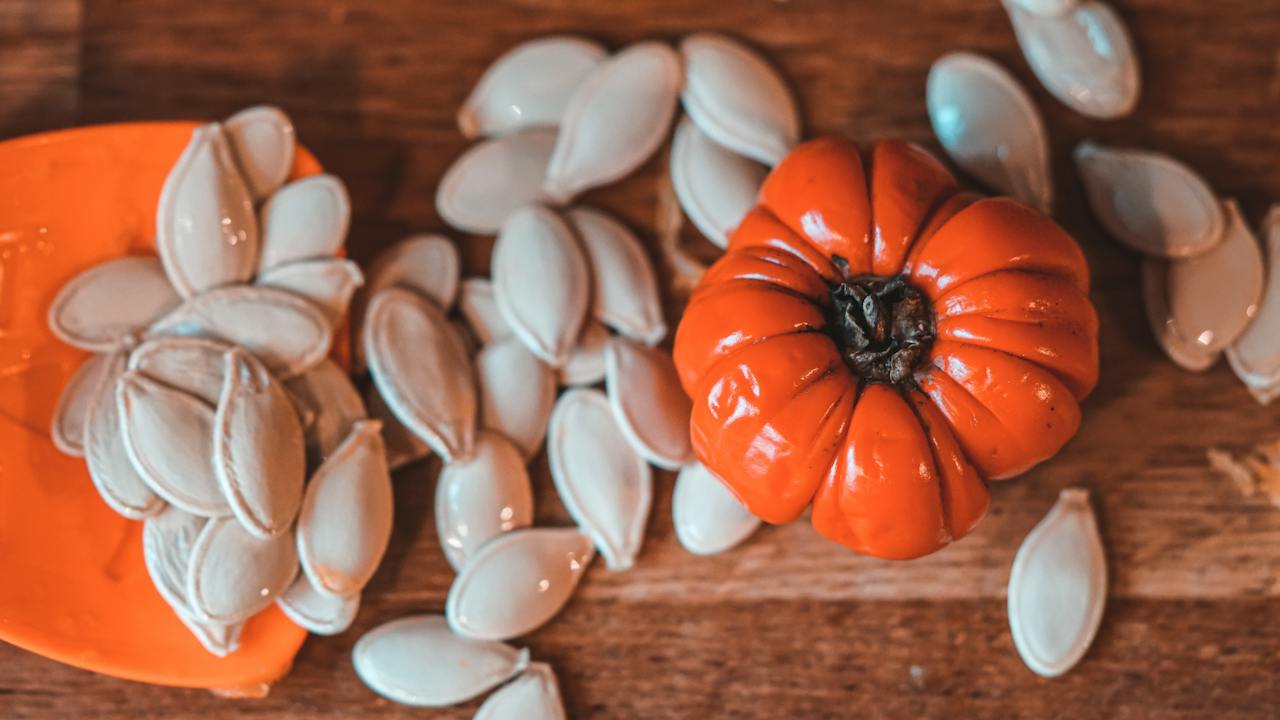 Pumpkin seeds on a table next to a small pumpkin