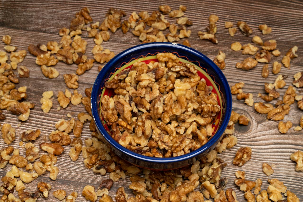 Healthy and beneficial walnuts in a blue bowl