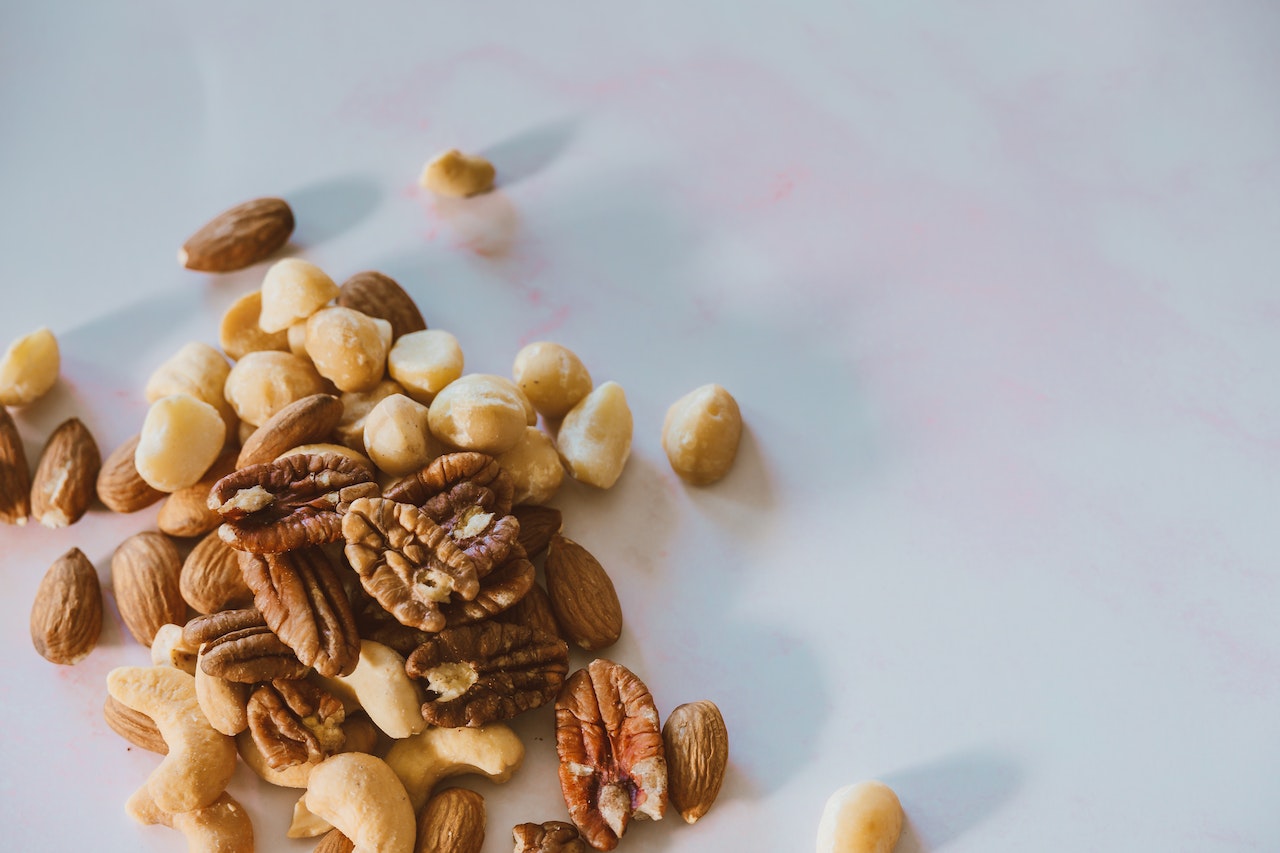 Close-up shot of nuts on a white surface