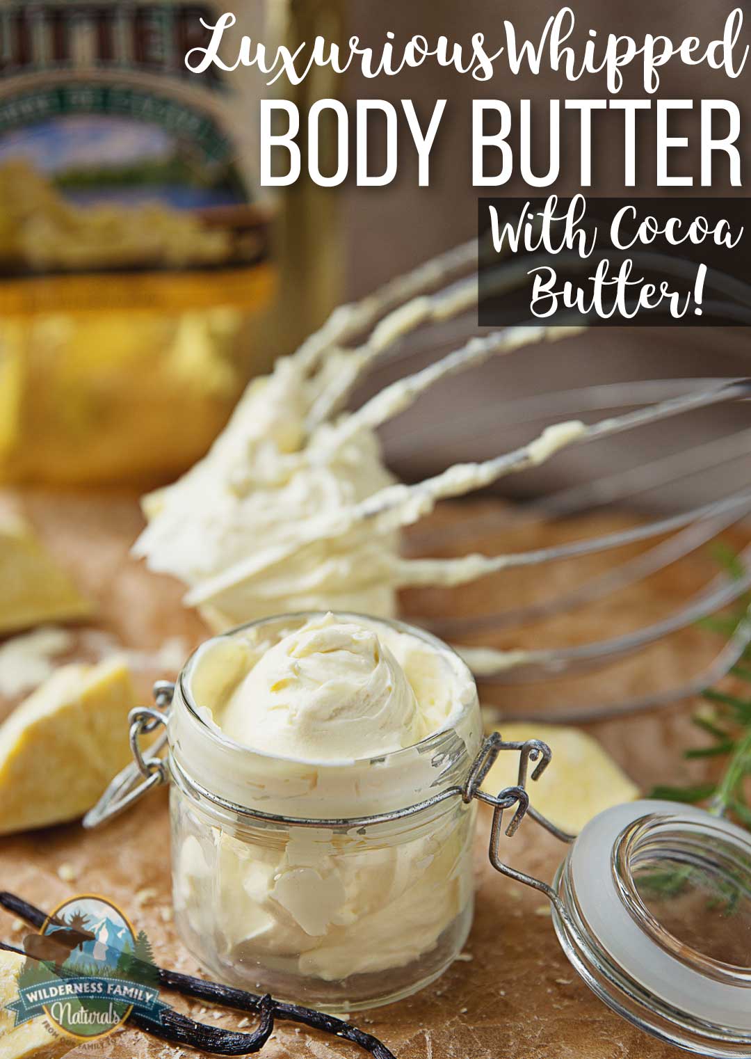 Whipped Body Butter (with cacao butter!) | It is amazingly simple to turn hard chunks of raw cacao butter into a fluffy and silky whipped body butter that sinks into skin in a matter of minutes. Using cacao butter for skin will reap you 2 benefits: your skin will be soft and silky, and you'll also smell like irresistible chocolate! | WildernessFamilyNaturals.com