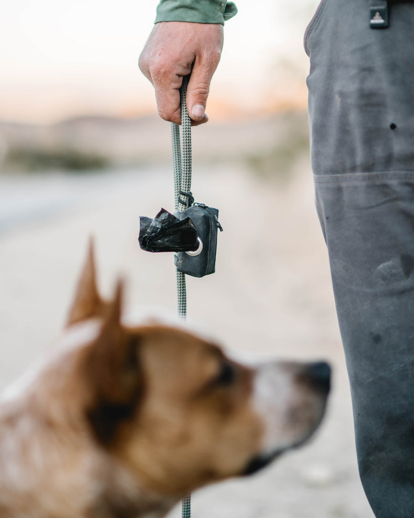 the atlas pet company lifetime pouch being held by owner in joshua tree