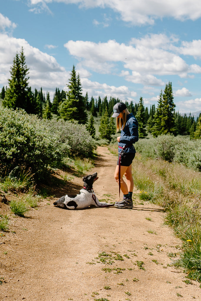 woman and her dog with atlas pet company gear standing on hiking trail looking at eachother