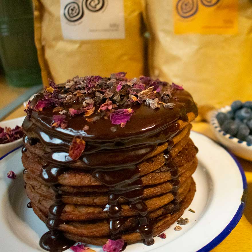 fluffy cacao pancake stack