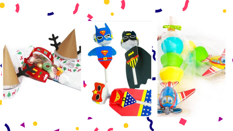 Kids party bag filler ideas: Swizzles Superhero Pops, Christmas Sweet Cones, Airplane Sweet Kebabs