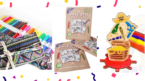 Kids party bag filler ideas: Roll up colouring case, Pirate colouring kit, Unicorn colouring set