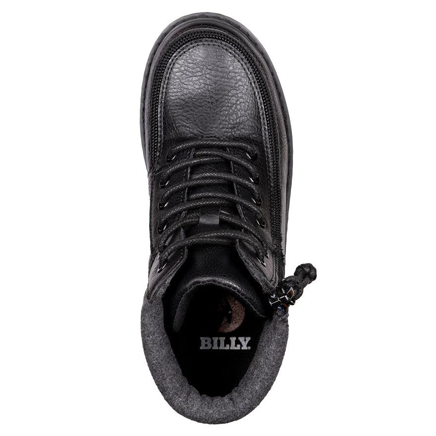 Kid's Black BILLY Lugs, zipper shoes, like velcro, that are adaptive, accessible, inclusive and use universal design to accommodate an afo. BILLY Footwear comes in medium and wide width, M, D and EEE, are comfortable, and come in toddler, kids, mens, and womens sizing.