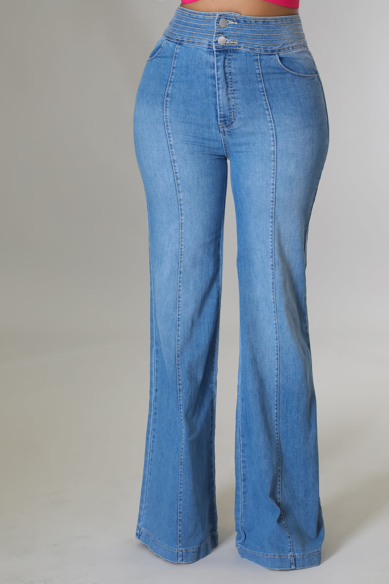 instant bbl jeans: flared mid waisted in arctic light blue
