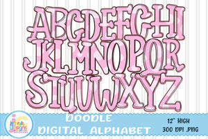 Doodle Letters Alphabet Png, Pink Breast Cancer Hand drawn Full Alphabet Bundle