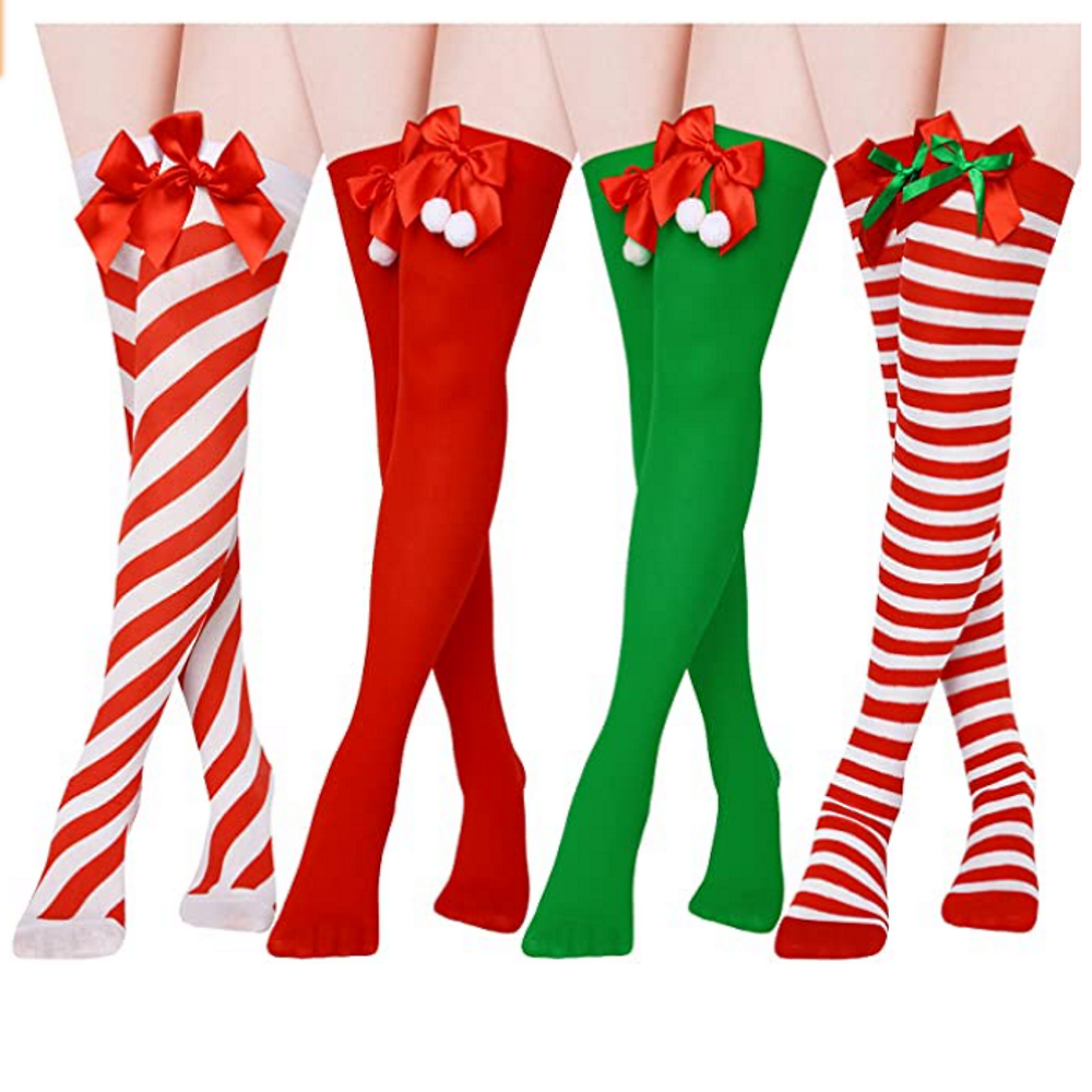 4 Pairs Christmas Thigh-high Socks Red and White Stripe High Socks wit ...