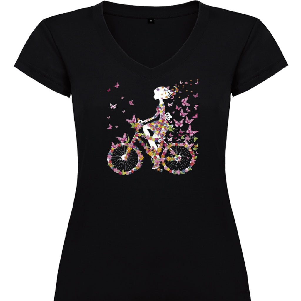 mujer cuello - Bicicleta mariposas. – Camisetas Albahaca