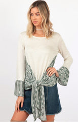 hummingbird printed tie front bell sleeve top