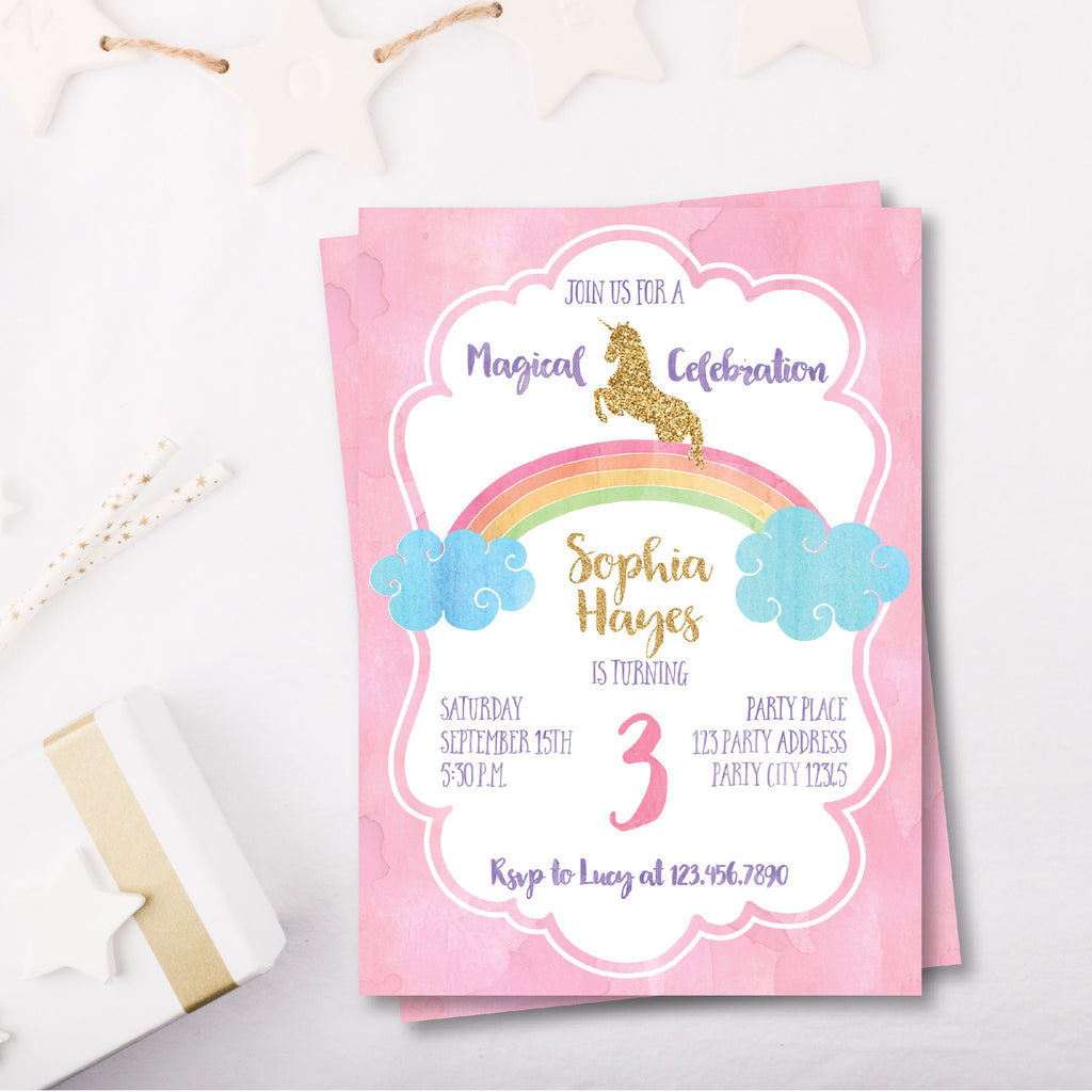 Magical Unicorn on Top of a Rainbow - Party Invitation – Bash Designs