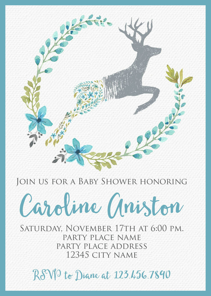 Blue Deer Baby Boy Shower Invitation With Floral Wreath Bash Designs