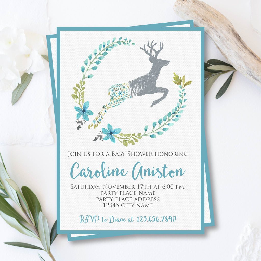 Blue Deer Baby Boy Shower Invitation With Floral Wreath Bash Designs