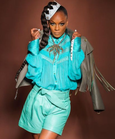 In Black Magazine featuring Sharaya J in the Belgravia Smocked Shirt in Spearmint and Petersham By-Product Leather Shorts in Aqua | Photography: Paul Morejon | Stylist: Marcus Blassingame - April 2023