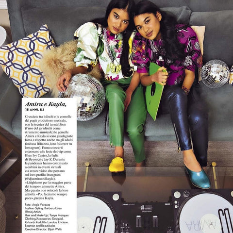 Vanity Fair Magazine (Italy) featuring Teen DJ’s Amira and Kayla in the Putney By-Product Stretch Leather Trousers in Metallic Atlantic Blue and Palm Green | Photography - Angiel MV | Styling - Barbara Eisen | Hair&Make Up - Tanya Marques -3rd Week Marc