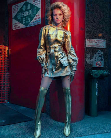 Picton Magazine (USA) featuring the Petersham By-Product Balloon Sleeve Jacket & Richmond Skirt in Gold | Photography - Pauline St Denis | Styling - Alejandro Garcia | Hair - Ezelm | Shot in Chinatown New York City - August 2021
