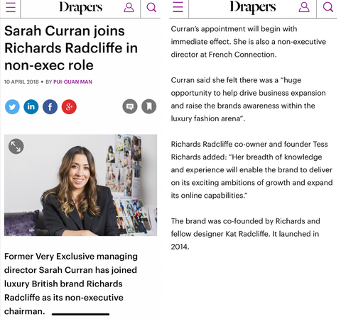 Drapers Online & Diary Fashion Beauty Directory articles on Sarah Curran MBE becoming the Non Executive Chairman of Richards Radcliffe - April 2018
