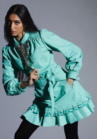 "You See Your Gypsy" shoot featuring the Petersham By-Product Leather Petal Trim Dress in Aqua |  Photographer - Eric Hason | Shoot Creative/Fashion Director - Nikko Kefalas | Model - Elizabeth Yusuff - January 2021