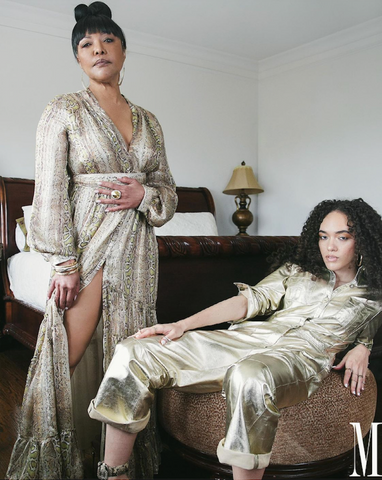 MEFeater Magazine (USA) featuring the Islington By-Product Leather Jumpsuit in Gold on Grace Gibson alongside her mother Lynn Whitfield | Styled by Sequine - May 2021