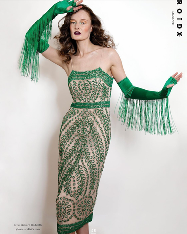 ROIDX Magazine (USA) featuring the Chelsea Hand Beaded Midi Dress in Palm Green colourway | Photography - Lisa Ramsay | Styling - Mars Knievel | Model - Rebecca Hanobik | Hair - Clark Vincent | Make Up - Camelia Sealy - July 2021