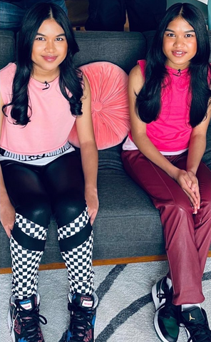 Famed Teenage DJs Amira and Kayla at an interview with one of them wearing the Parsons By-Product Stretch Leather Jean in Mulberry | Stylist - Barbara Eisen - January 2022