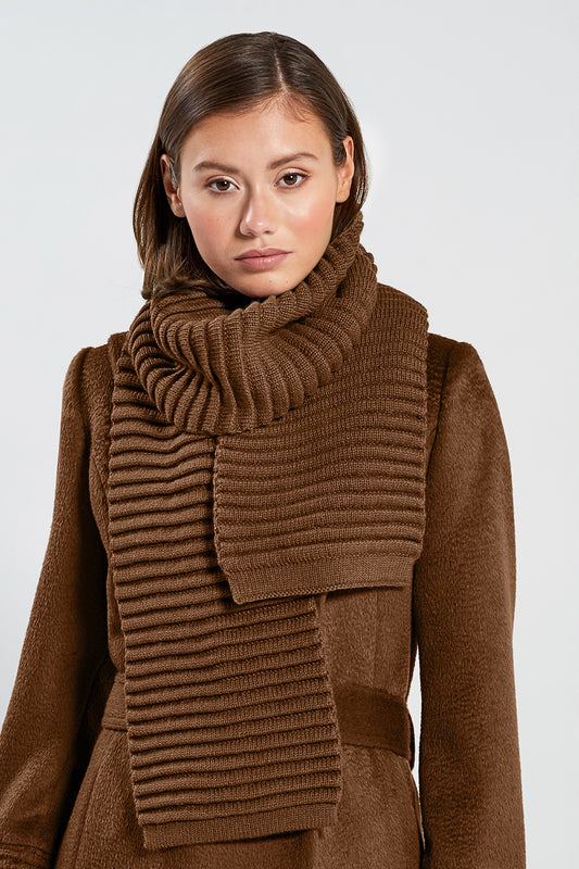 Sentaler Adult Ribbed Scarf featured in Baby Alpaca and available in Caramel. Seen from front on model.