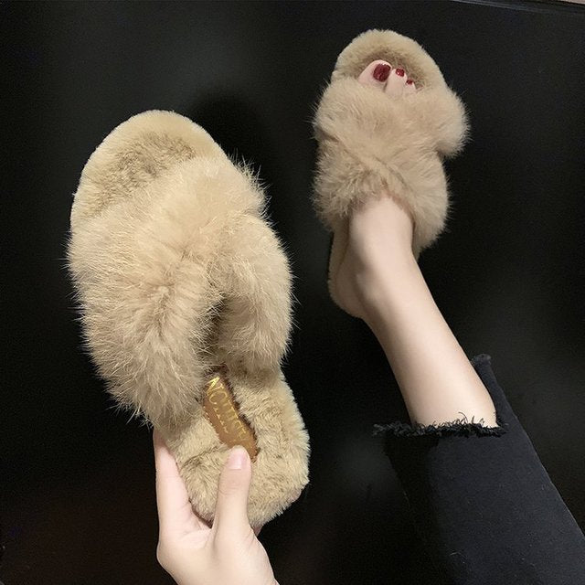 fur criss cross slippers