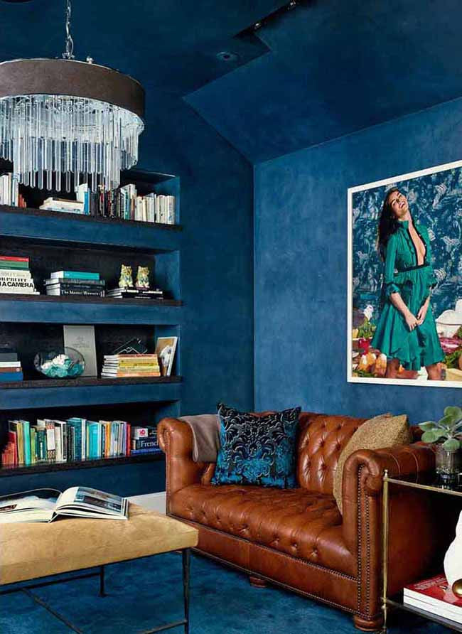 Home office interior with blue walls