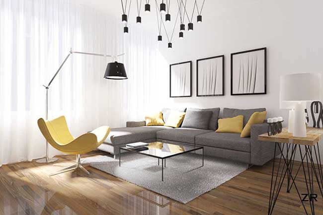 White living room with yellow and gray 