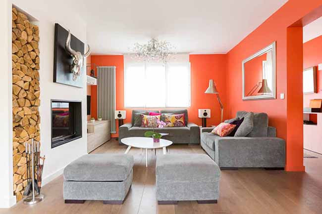 Living room with orange walls