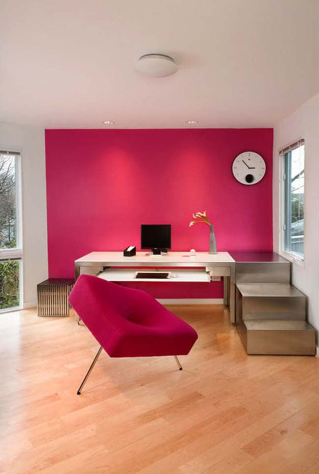 Hot pink wall in home office