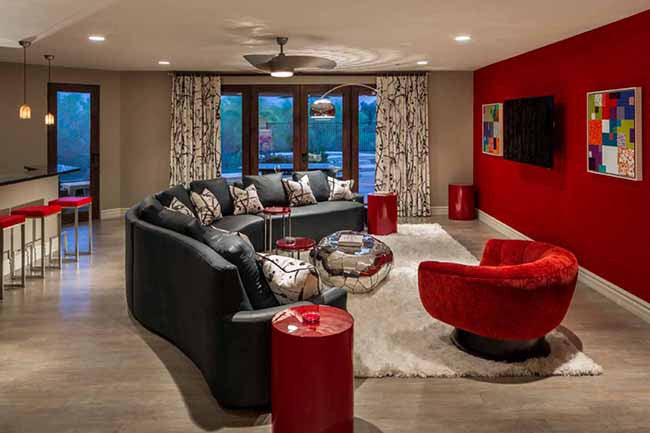 Living room with red accent wall