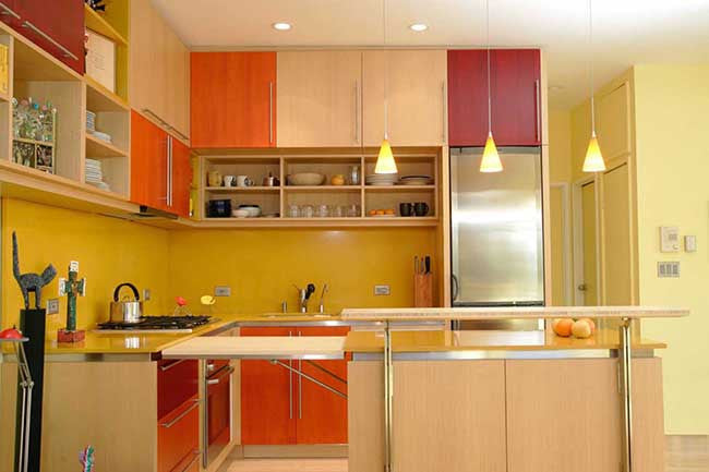 Kitchen interior with yellow walls