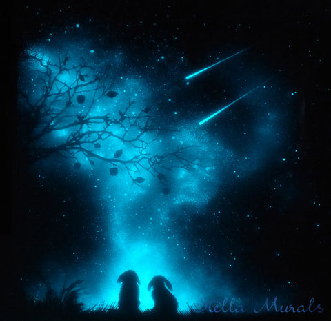 glow in the dark mural with bunny rabbits under a tree watching shooting stars. glowing wall mural for bedroom at night.