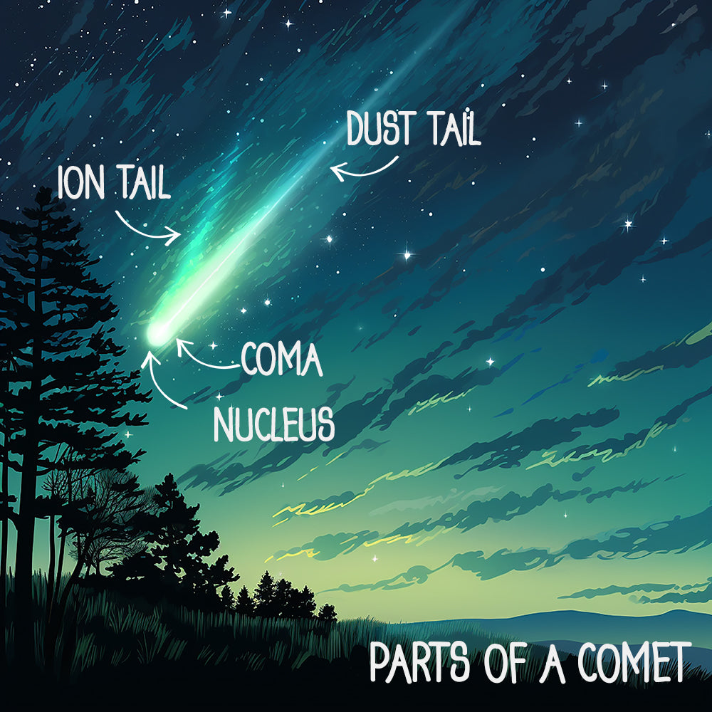 labeled parts of a comet in a dark twilight night sky, coma, dust and ion tail, nucleus.