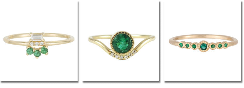 Three Jennie Kwon emerald rings detailed below