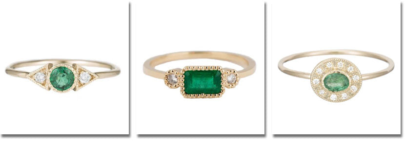 Three emerald rings by Jennie Kwon with price details below