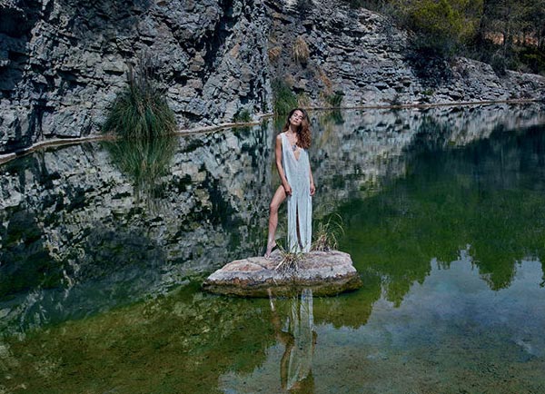 Zoe & Morgan Midnight In A Perfect World collection campaign shot - model in lake