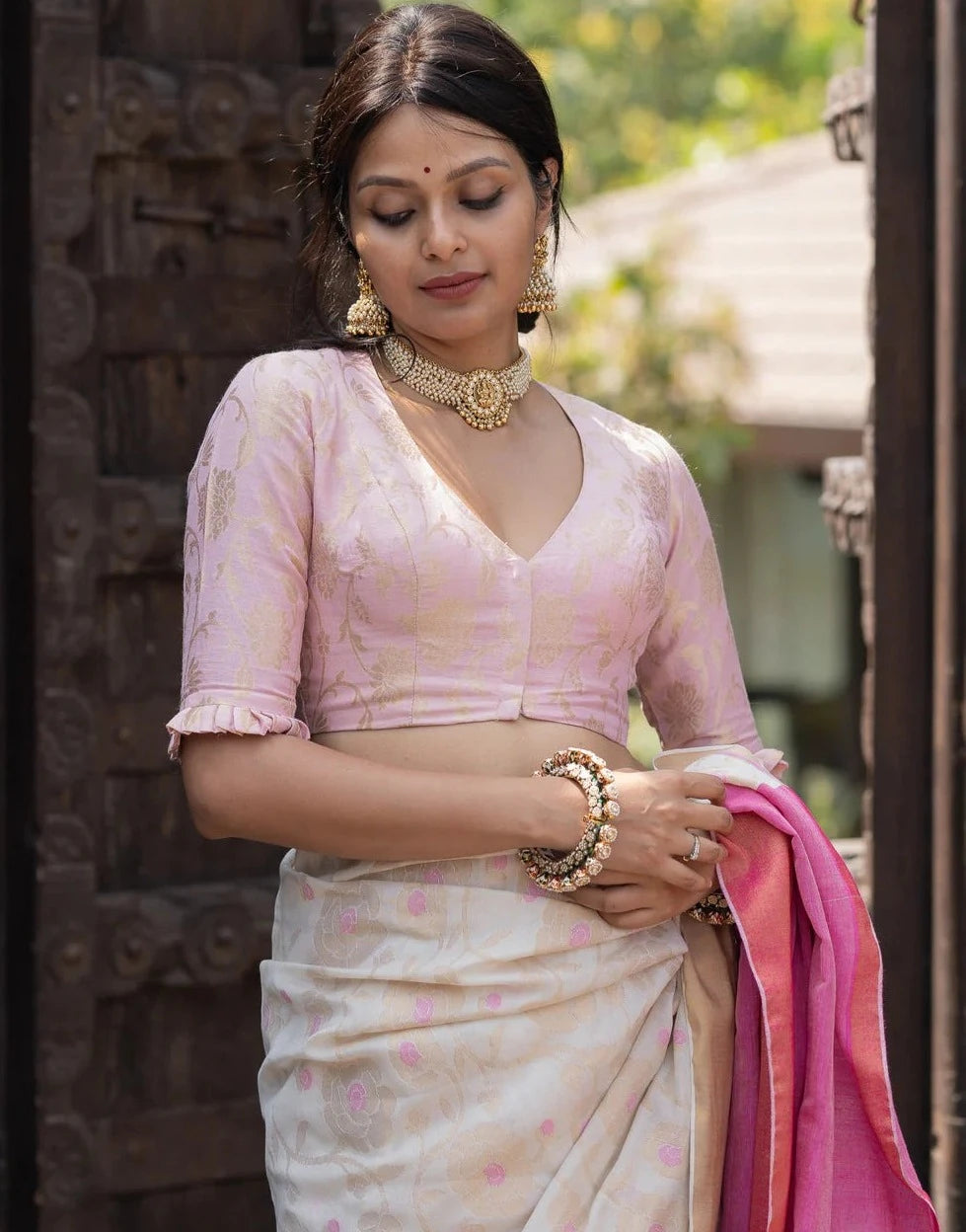 Readymade Baby Pink Brocade Blouse Made Of Satiny Soft Silk