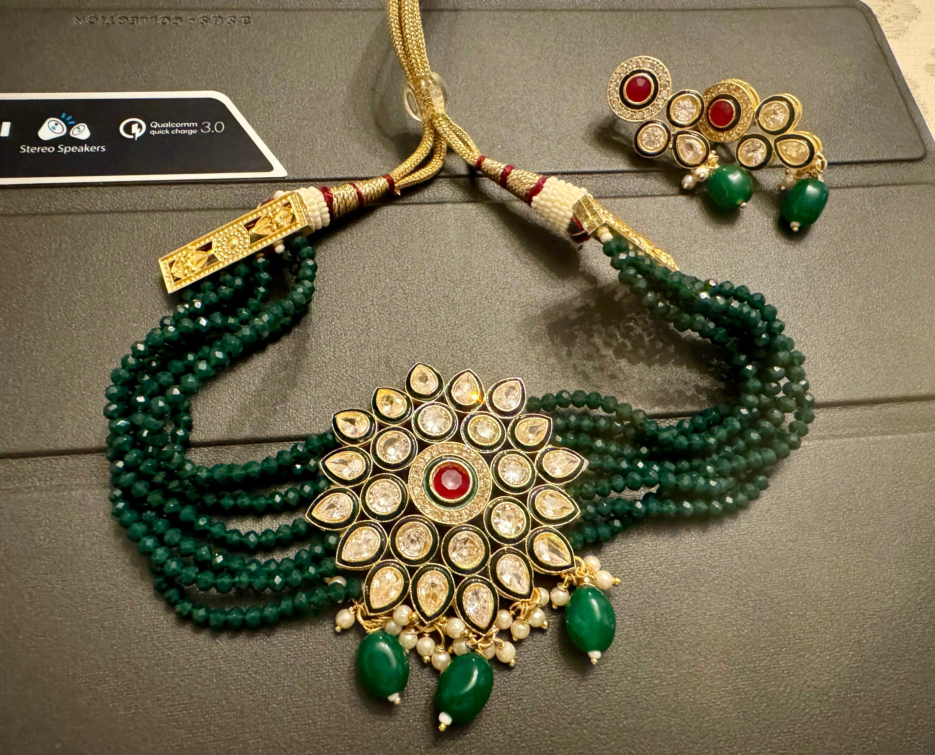 Green Kundan Garnet Choker with Earrings
