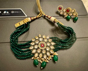 Green Kundan Garnet Choker with Earrings - ShopBollyWear.Com