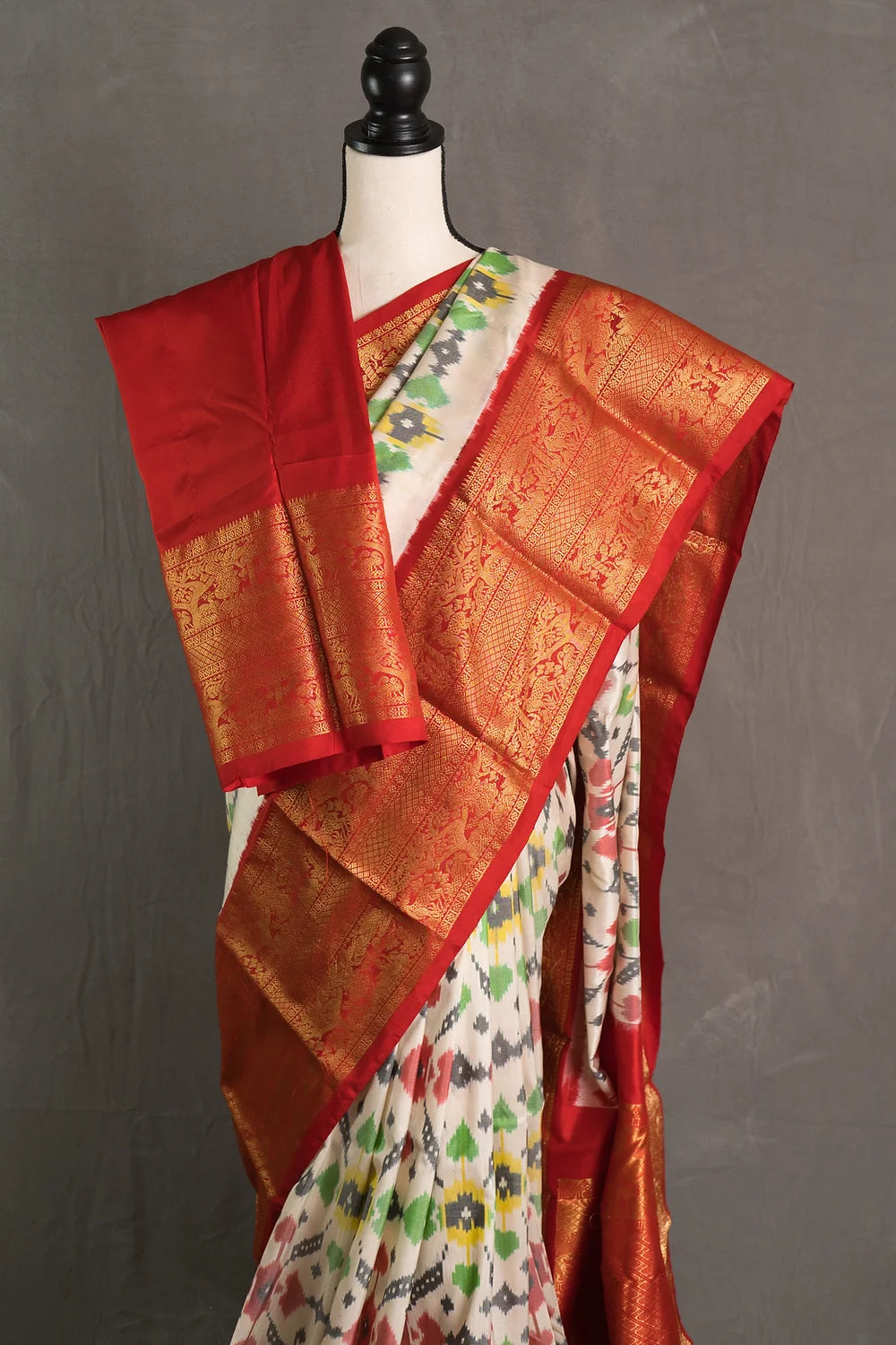 Ikkat Pochampally Saree with Kanjivaram Saree in Off White and Red